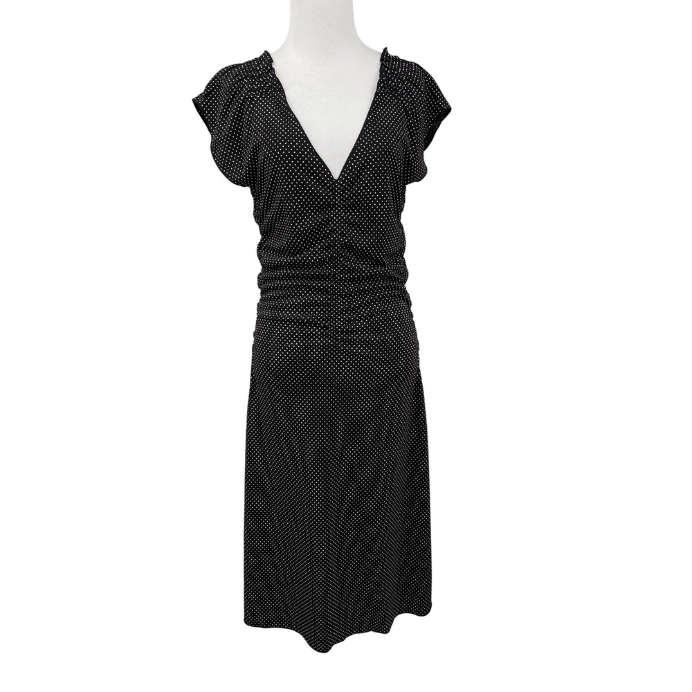 Vtg 90s Express Polka Dot Ruched Midi Dress Women 10 Black White Retro Y2K